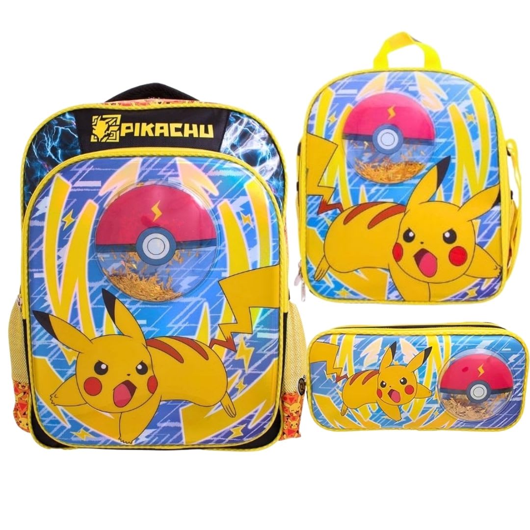 Mochila Oficio + Lonchera + Cartuchera + Pokemon 3D Pikachu y Pokebola 0