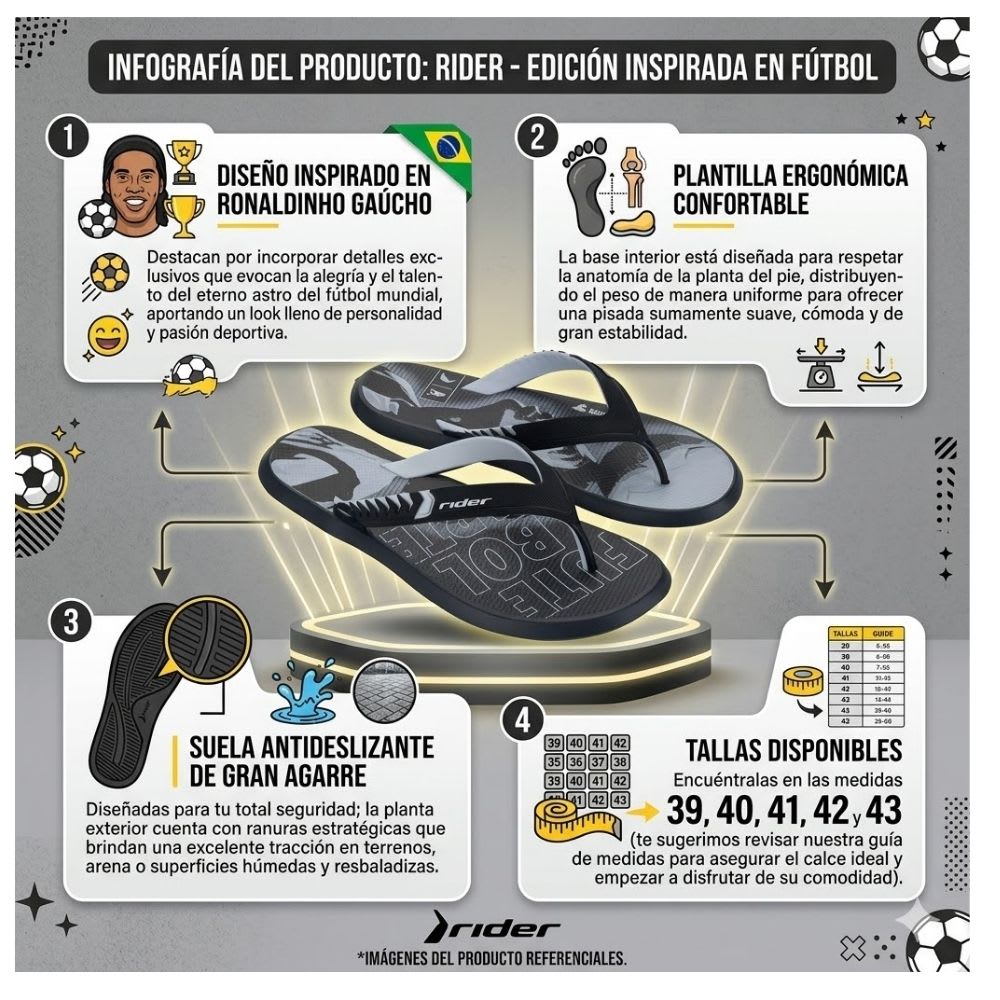 Sandalias Hombre Playera Ronaldinho Futbol Rider Negro2