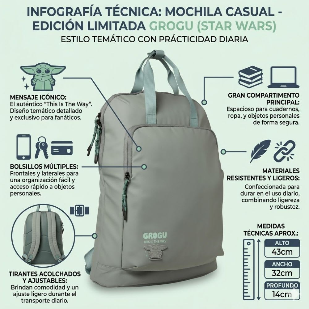 Mochila Juvenil Casual Star Wars Grogu Baby Yoda Verde2