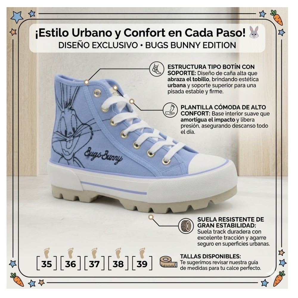 Zapatillas Botin Mujer Looney Tunes Casual Celeste2