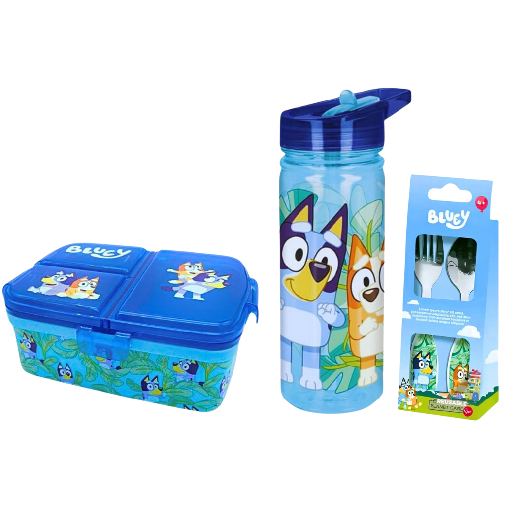 Pack Tomatodo 580 ml + Taper Lonchera + Cubiertos Bluey modelo 4 0