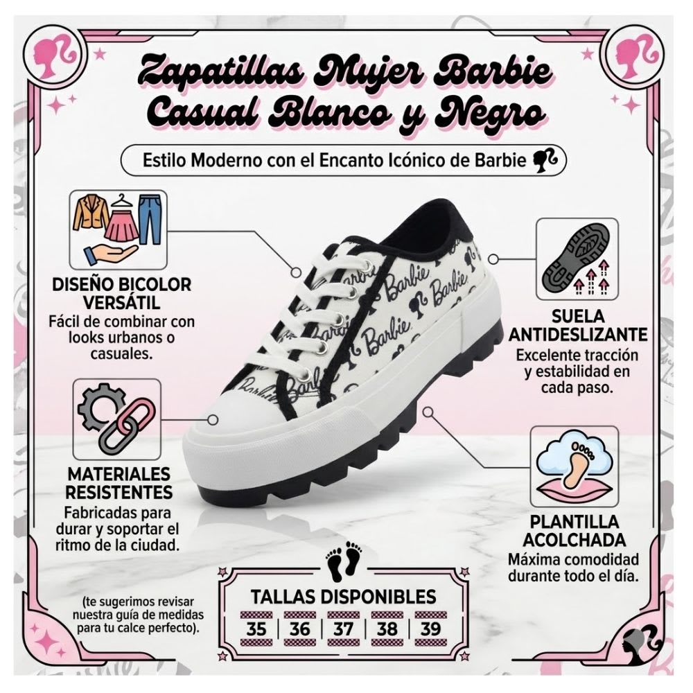 Zapatillas Urbanas Mujer Barbie Blanco y Negro2