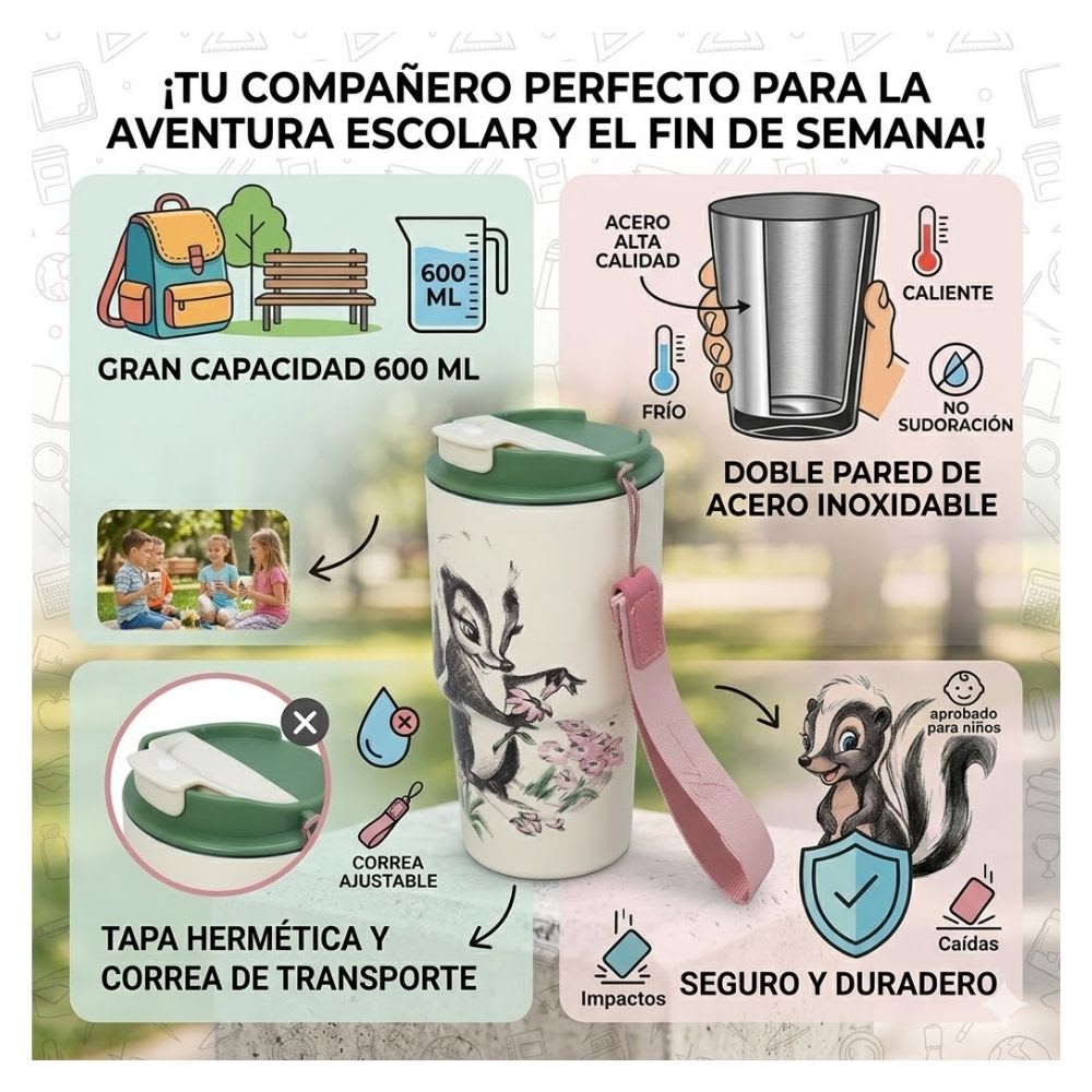 Mug Vaso Acero Termico Flor Bambi Con Correa Disney Home Keep 600 ML2