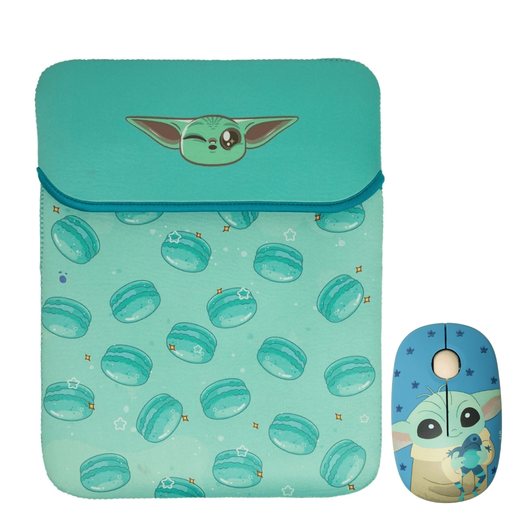 Mouse Inalambrico + Funda para Laptop Reversible Star Wars Baby Yoda Neopreno 15 - 16 pulgadas Mod 2 0