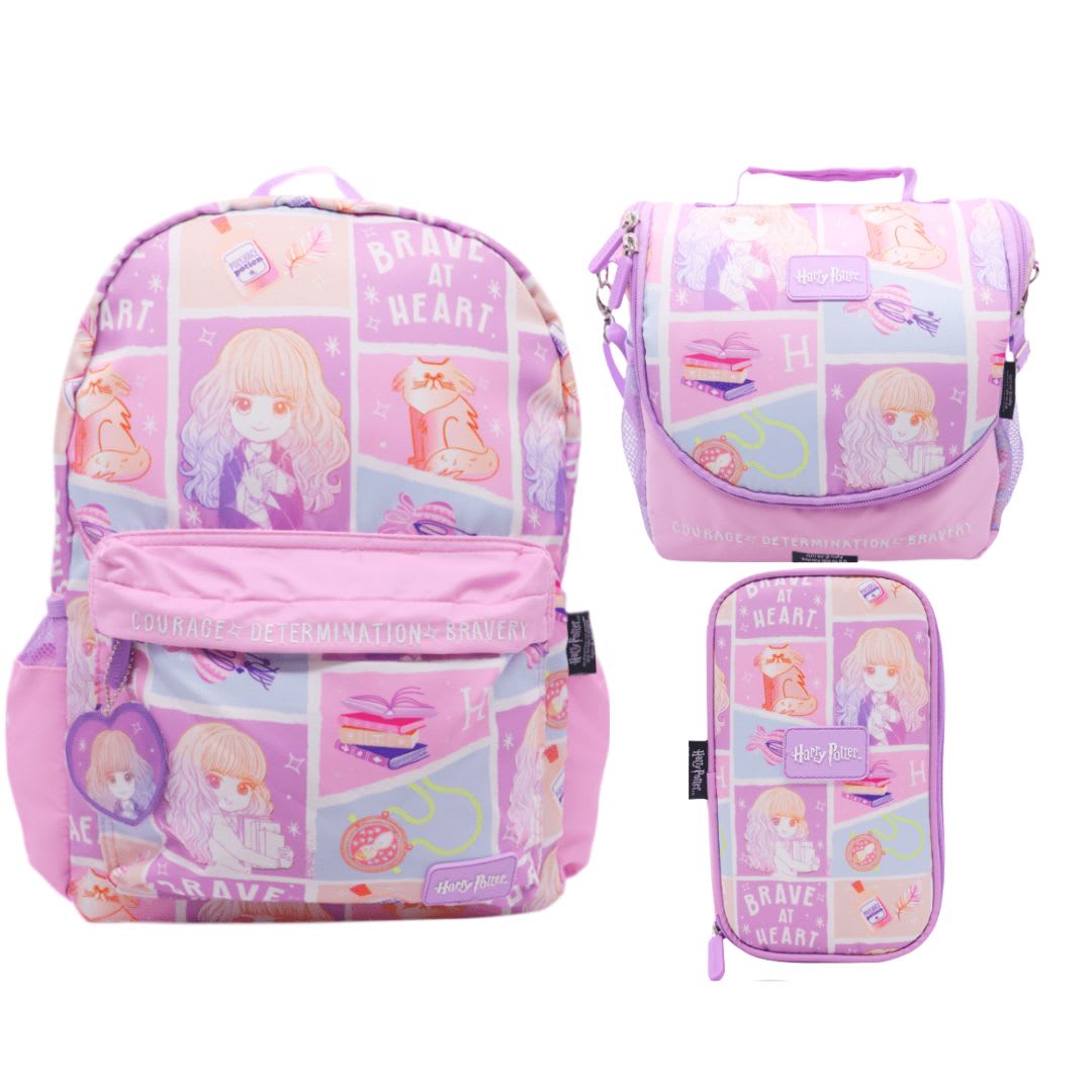 Mochila Oficio + Lonchera + Cartuchera Harry Potter Hermione Rosada 0