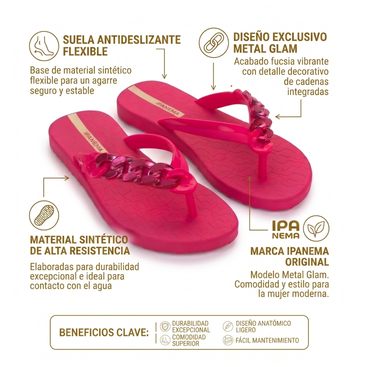 Sandalias Mujer Casual Ipanema Metal Glam Fucsia Con Cadenas2