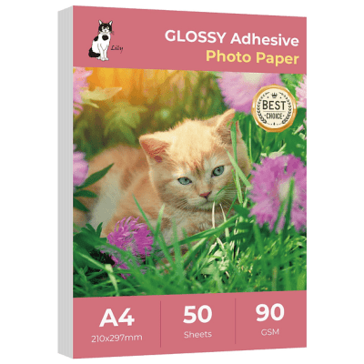 PAPEL ADHESIVO 90 GRAMOS GLOSSY (BRILLANTE) 50 HOJAS