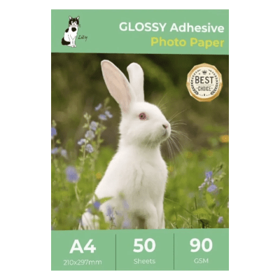 PAPEL ADHESIVO 90 GRAMOS GLOSSY (BRILLANTE) 50 HOJAS