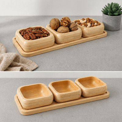 Set de 3 bowls de madera con bandeja