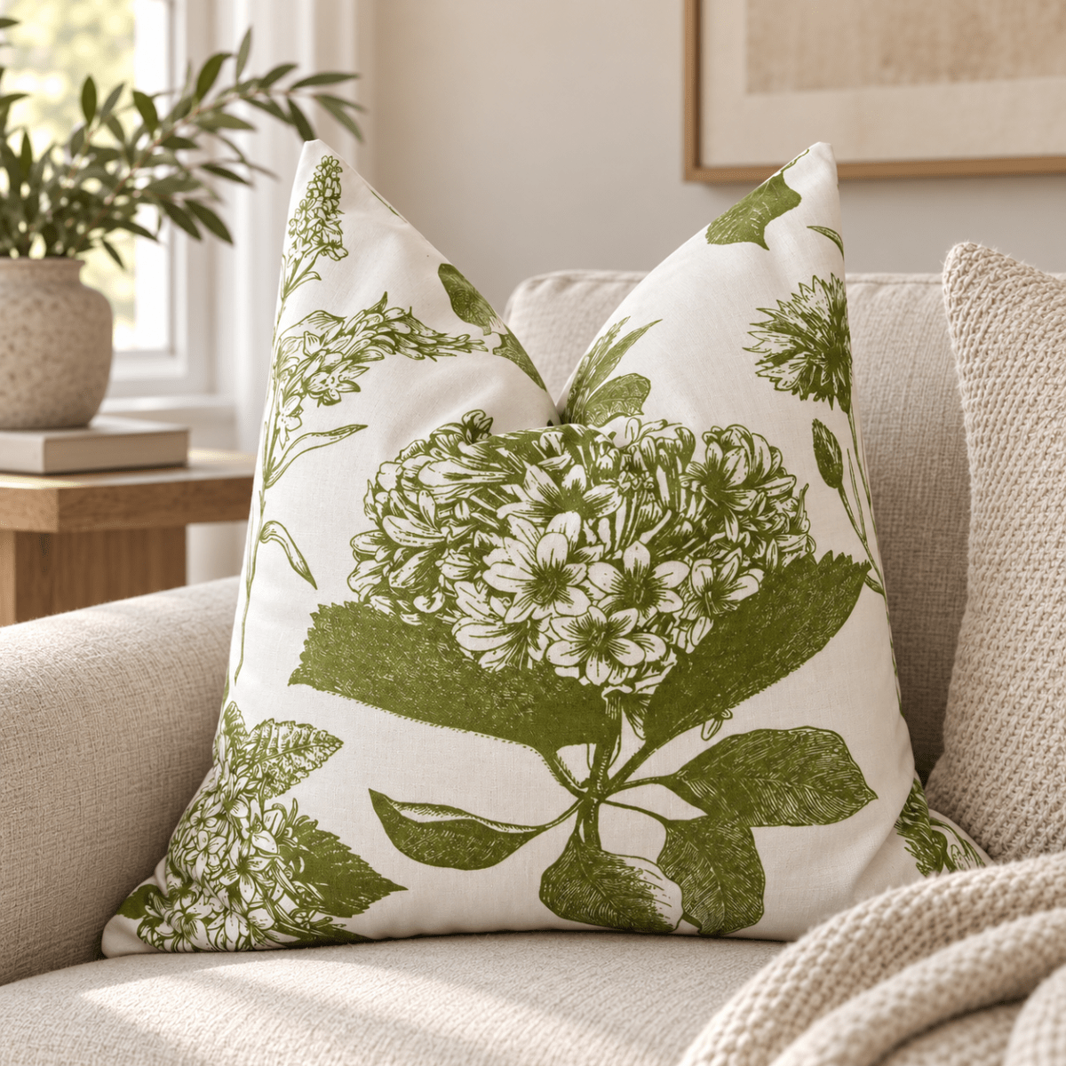 Funda cojín Hortensia verde1