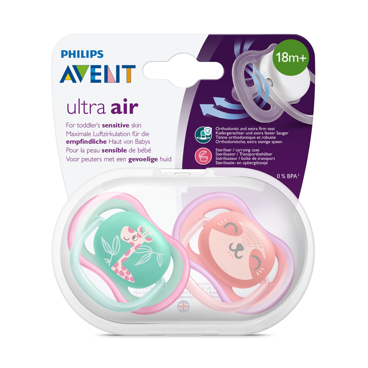 Chupete Ultra Air 18m+ Jirafa/perezoso X2 Avent Scf349/12 Rosa +18 Meses1
