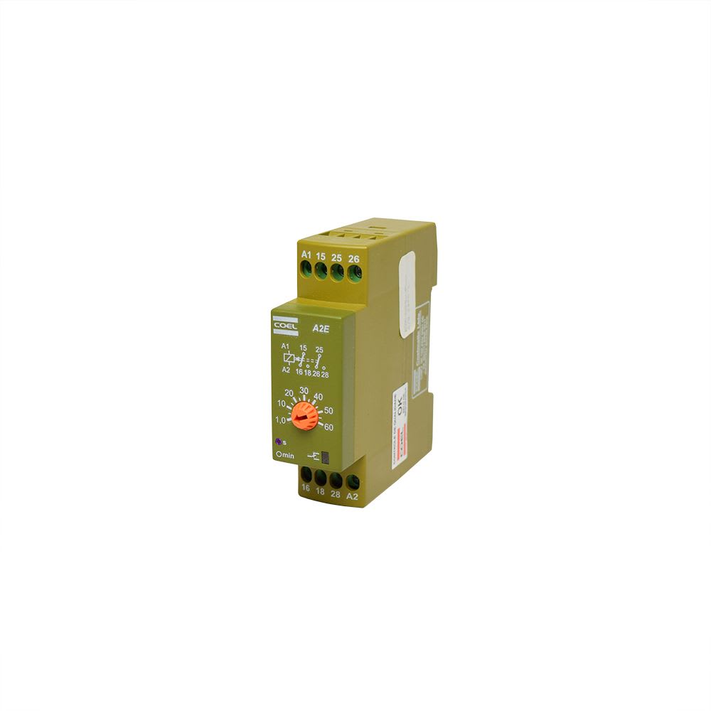 TEMPORIZADOR ELECTRONICO RETARDO ENERGIZACION 6-60M 220VAC 2NA/2NC DIN A2E-DGM COEL