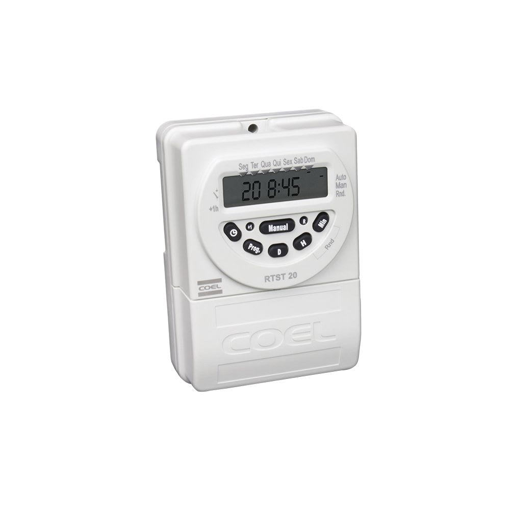 INTERRUPTOR HORARIO DIGITAL DIARIO/SEMANAL 16A 220V RESERVA: 100HRS 20 PROGRAMACIONES RTST-20HR COEL1