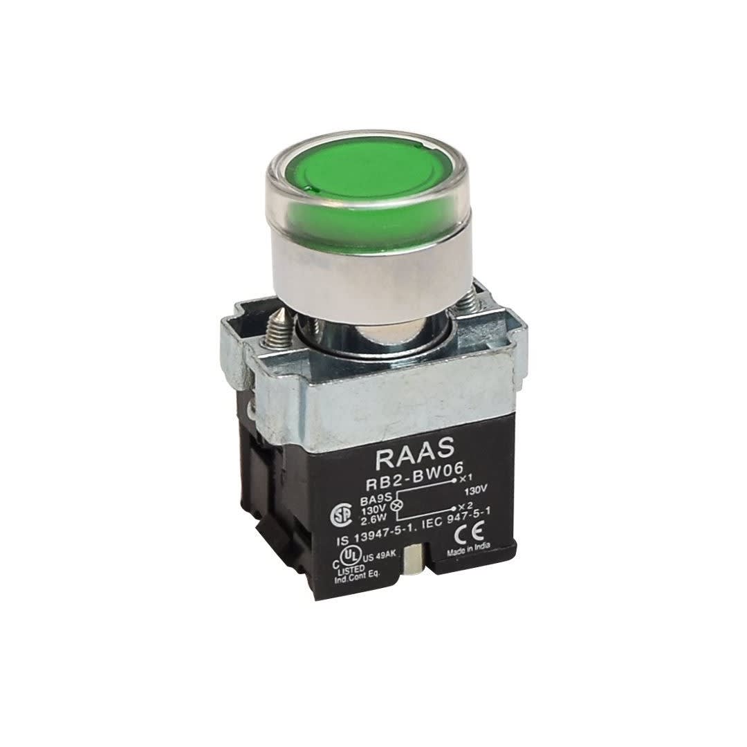 PULSADOR LUMINOSO RASANTE VERDE 22MM C/LAMPARA 130VAC BLOCK RCB2-BW336 TC1