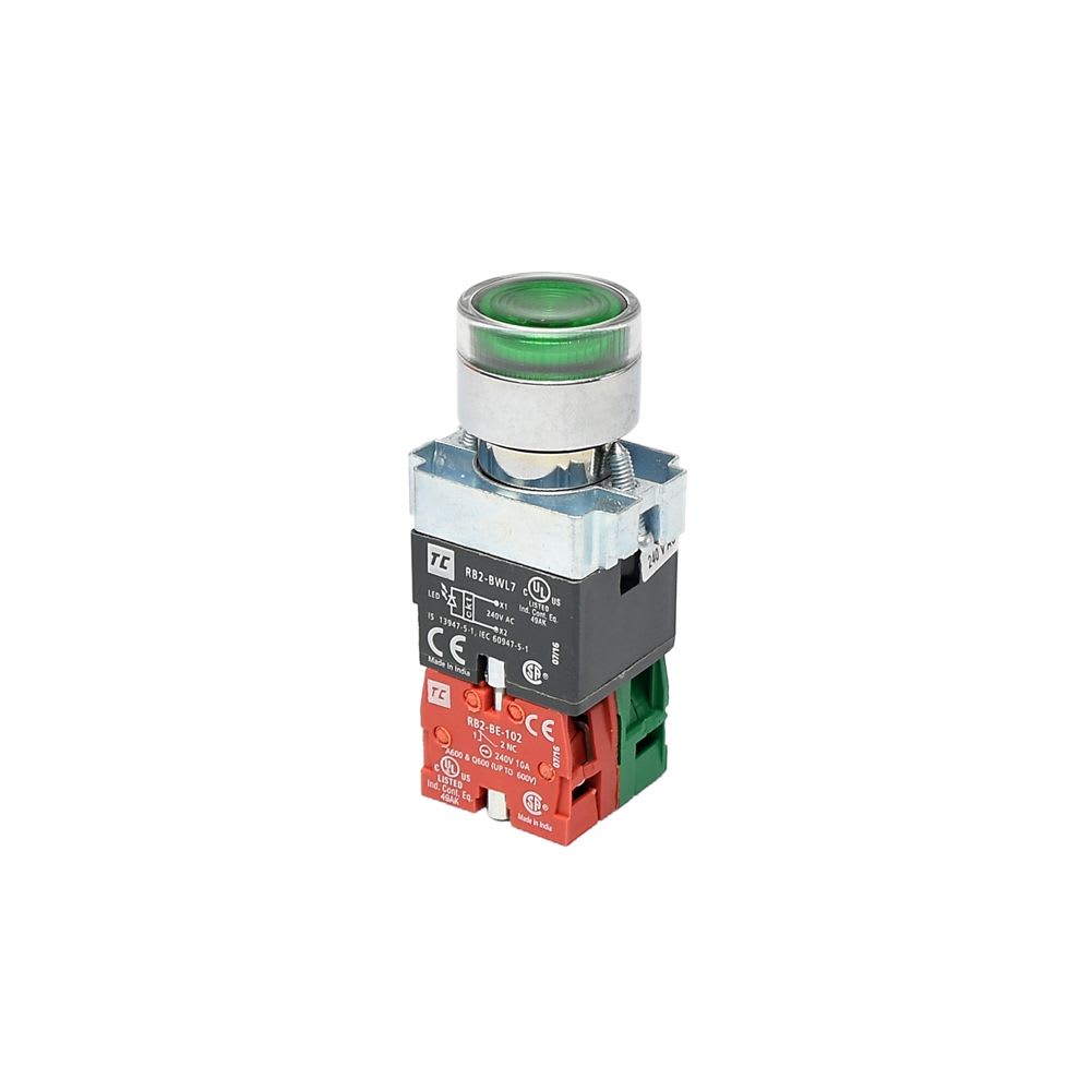 PULSADOR LUMINOSO RASANTE VERDE 22MM 240VAC NA+NC RCB2-BWL3375240VAC TC
