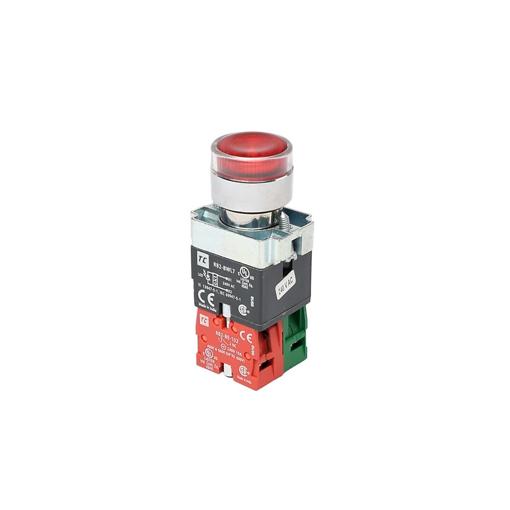 PULSADOR LUMINOSO RASANTE ROJO 22MM 240VAC NA+NC RCB2-BWL3475240VAC TC2