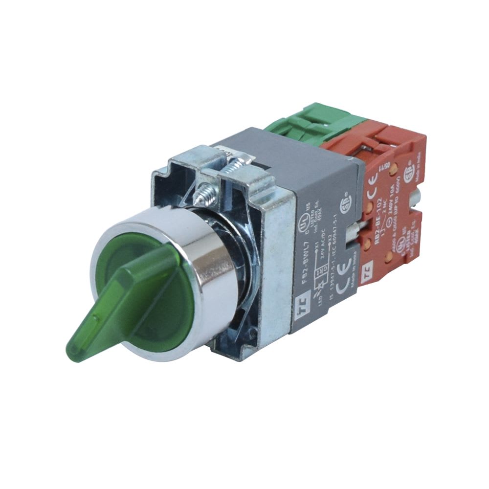 SELECTOR MANIJA 24VAC/DC CORTA LUMINOSO VERDE 2 POSICIONES FIJAS NA+NC RB2BK123+RB2BWL735 RAAS-CONTROLS1