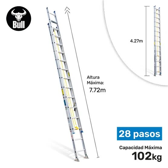ESCALERA ALUMINIO TELESCOPICA 28 PASOS 102KG 7.72M ATT102-28II AMERICAN BULL