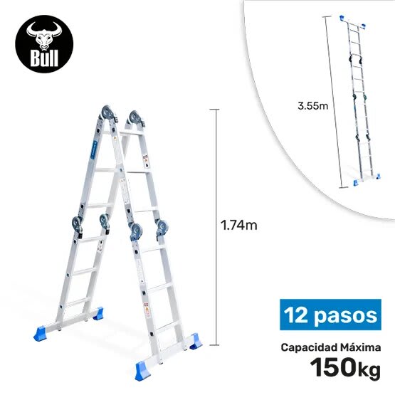 ESCALERA ALUMINIO MULTIUSOS + PLATAFORMA 12 PASOS 150KG AM150-12IA+ PASOS AMERICAN BULL1