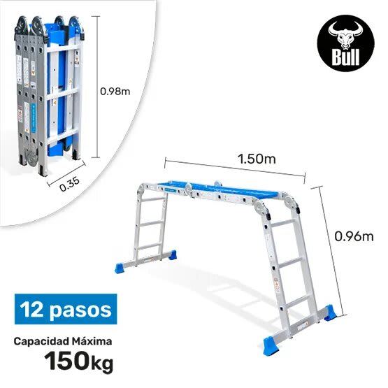 ESCALERA ALUMINIO MULTIUSOS + PLATAFORMA 12 PASOS 150KG AM150-12IA+ PASOS AMERICAN BULL2