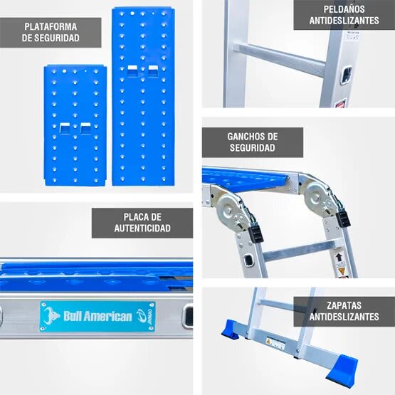 ESCALERA ALUMINIO MULTIUSOS + PLATAFORMA 16 PASOS 150KG AM150-16IA+ PASOS AMERICAN BULL8