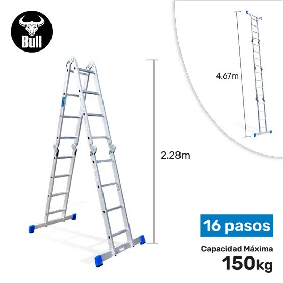 ESCALERA ALUMINIO MULTIUSOS 16 PASOS 150KG AM150-16IA AMERICAN BULL1