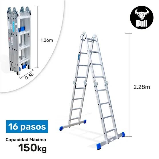 ESCALERA ALUMINIO MULTIUSOS 16 PASOS 150KG AM150-16IA AMERICAN BULL2