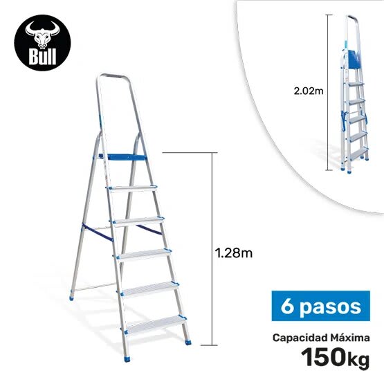 ESCALERA ALUMINIO TIPO BANQUETA 6 PASOS 150KG 1.28M AB150-6IA AMERICAN BULL