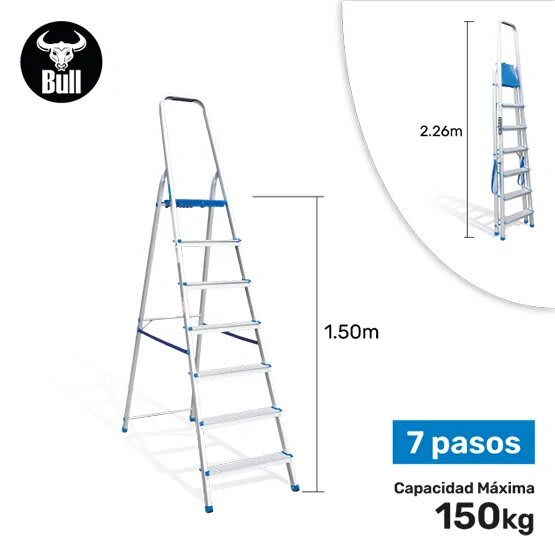 ESCALERA ALUMINIO TIPO BANQUETA 7 PASOS 150KG 1.50M AB150-7IA AMERICAN BULL1
