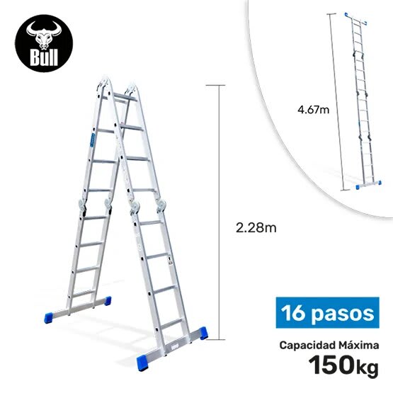 ESCALERA ALUMINIO MULTIUSOS + PLATAFORMA 16 PASOS 150KG AM150-16IA+ PASOS AMERICAN BULL1