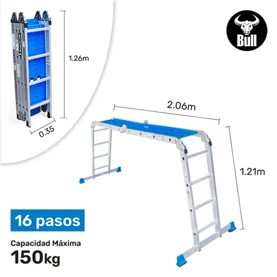 ESCALERA ALUMINIO MULTIUSOS + PLATAFORMA 16 PASOS 150KG AM150-16IA+ PASOS AMERICAN BULL2