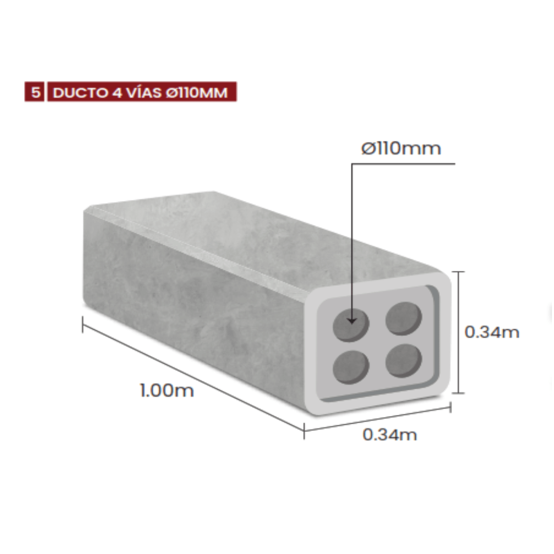 DUCTO DE CONCRETO ARMADO VIBRADO 4 VIAS Ø110MM 0.34X0.34X1.0M 173KG NACIONAL