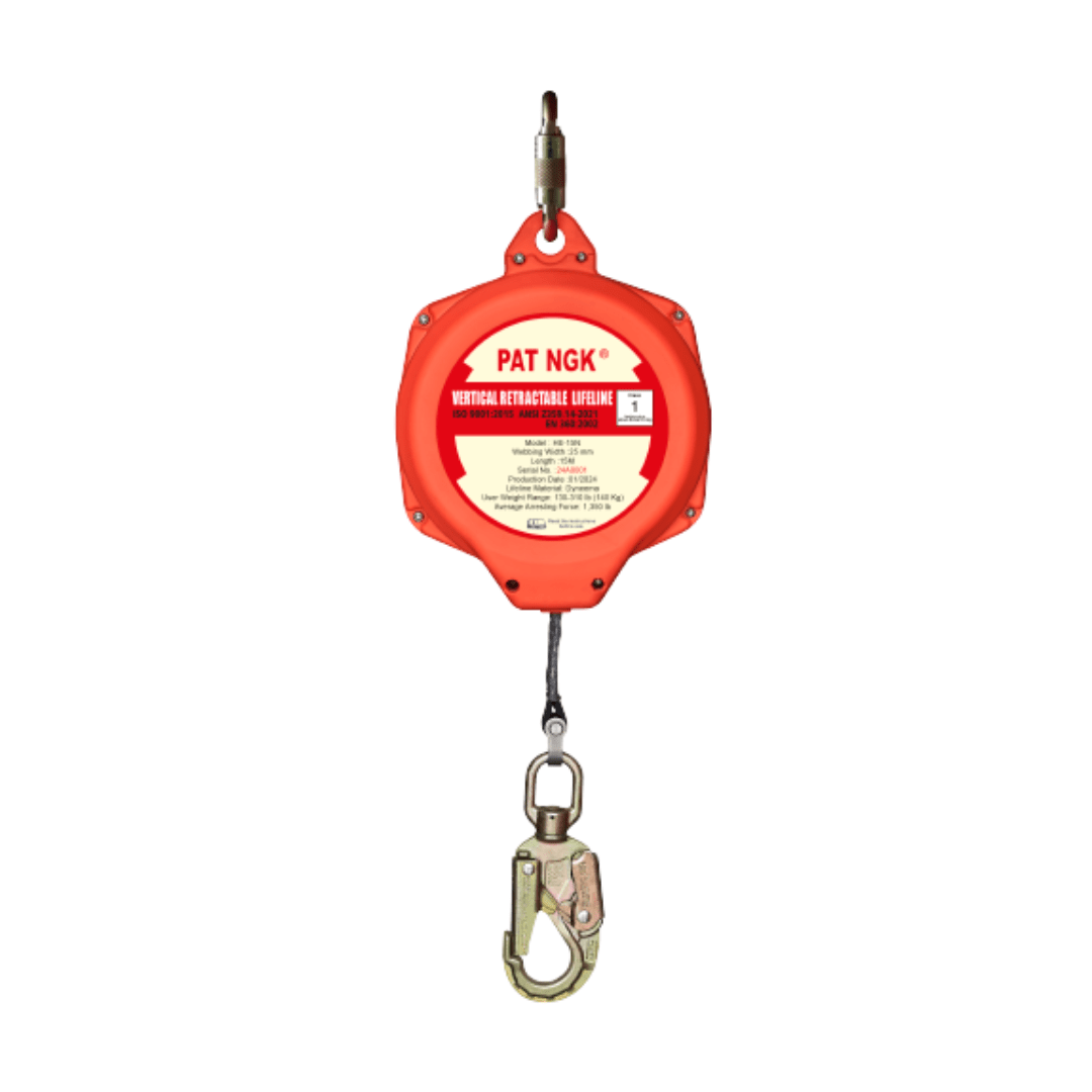 LINEA RETRACTIL CINTA DE NYLON 25MMX15M CON GANCHO DOBLE SEGURO CARABINERO HE 15N PATNGK
