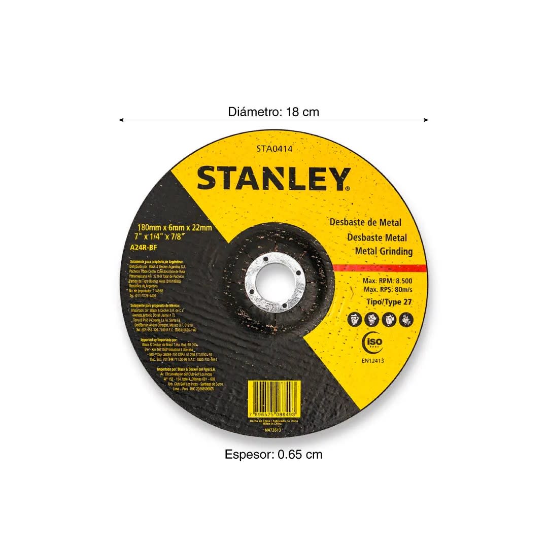 DISCO DE DESBASTE MODELO STA0414 7'' NEGRO PARA METAL STANLEY1