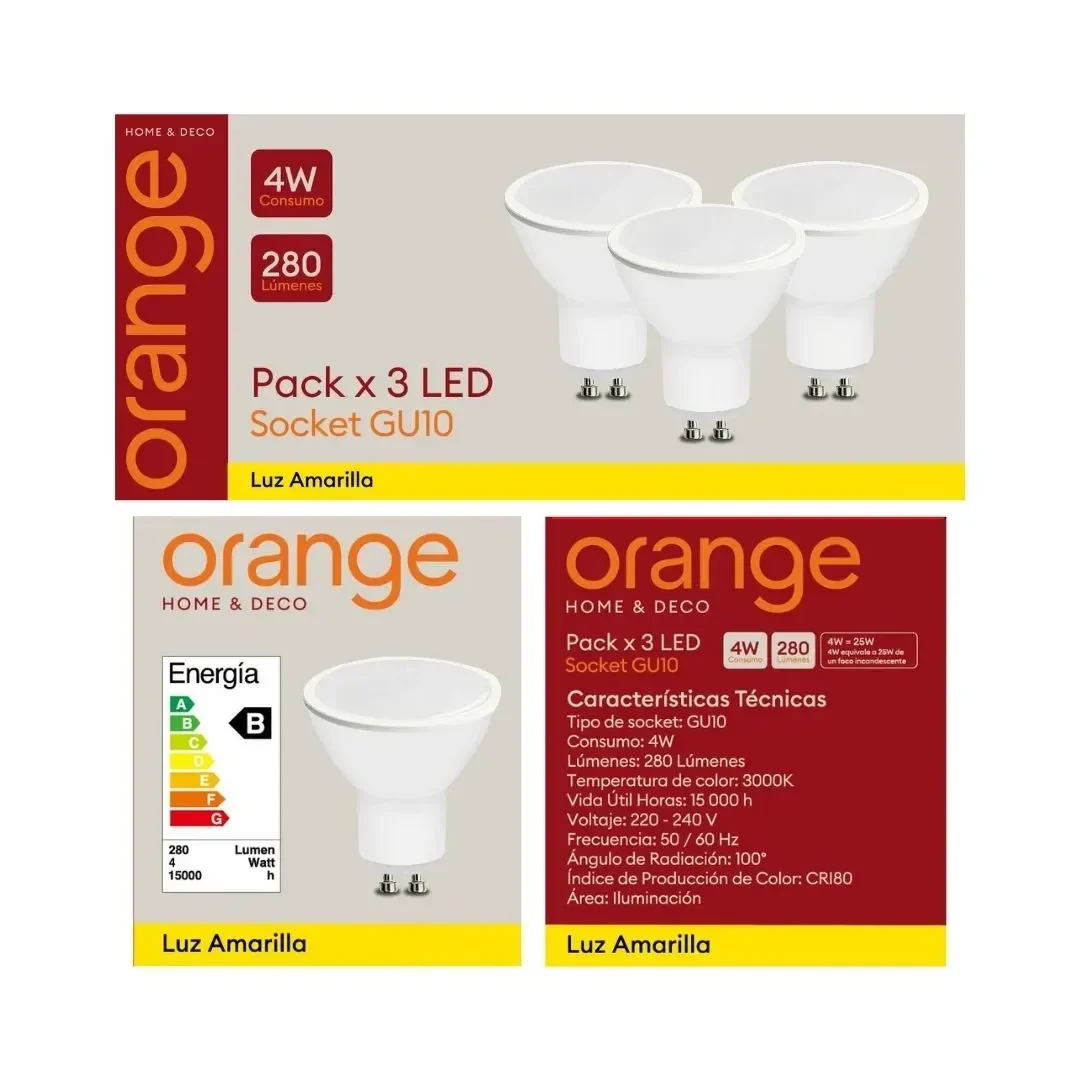 DICROICO LED GU10 4W LUZ CALIDA X 3 UNIDADES ORANGE8
