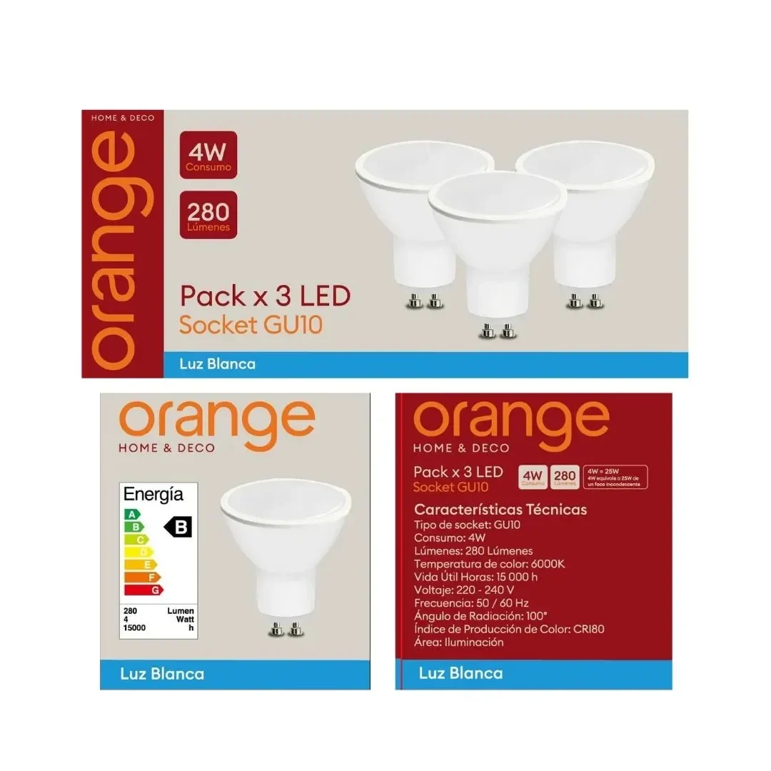 DICROICO LED GU10 4W LUZ FRIA X 3 UNIDADES ORANGE8