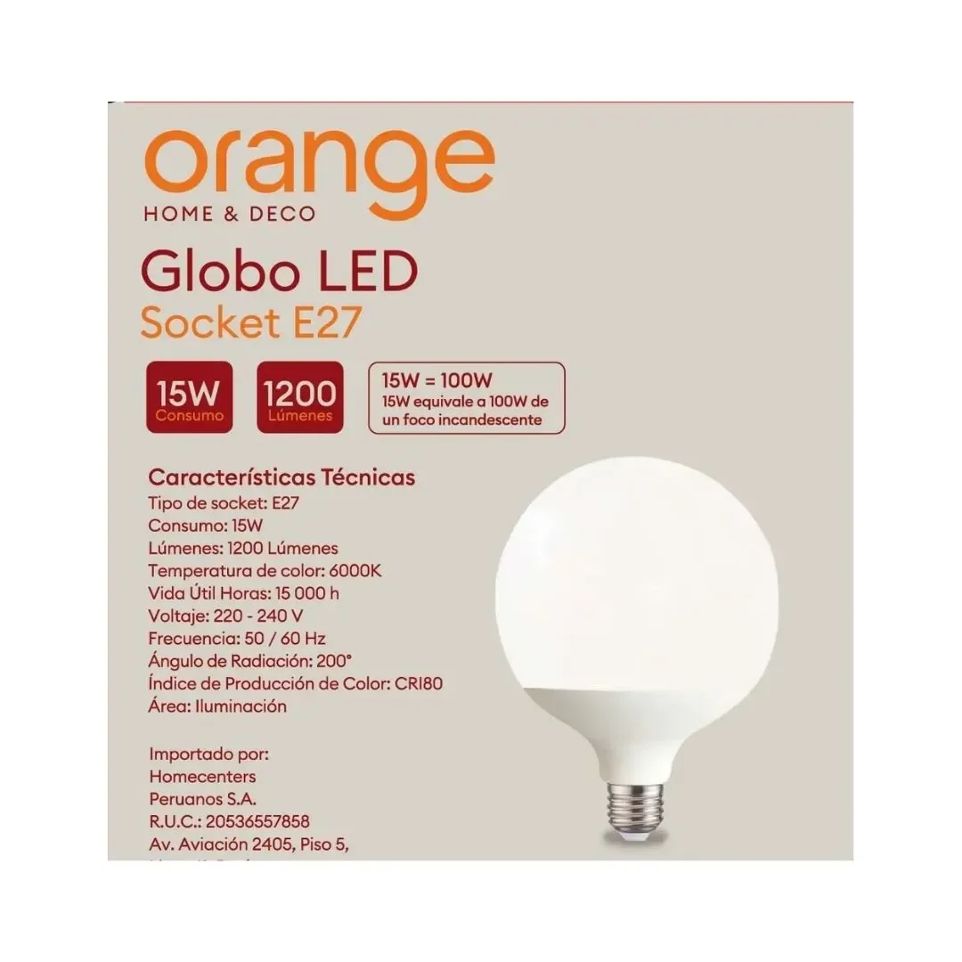 FOCO LED GLOBO LF E27 15W LUZ FRIA POLICARBONATO BLANCO ORANGE6