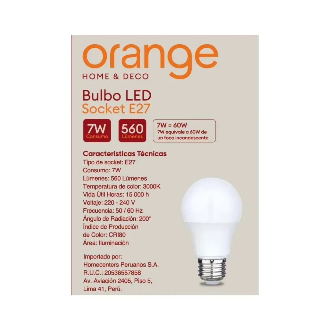 FOCO LED BULBO 7W LUZ CALIDA E27 ORANGE5