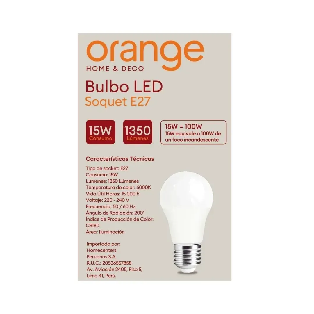 FOCO LED BULBO 15W LUZ FRIA EFICIENCIA ENERGÉTICA B ORANGE5