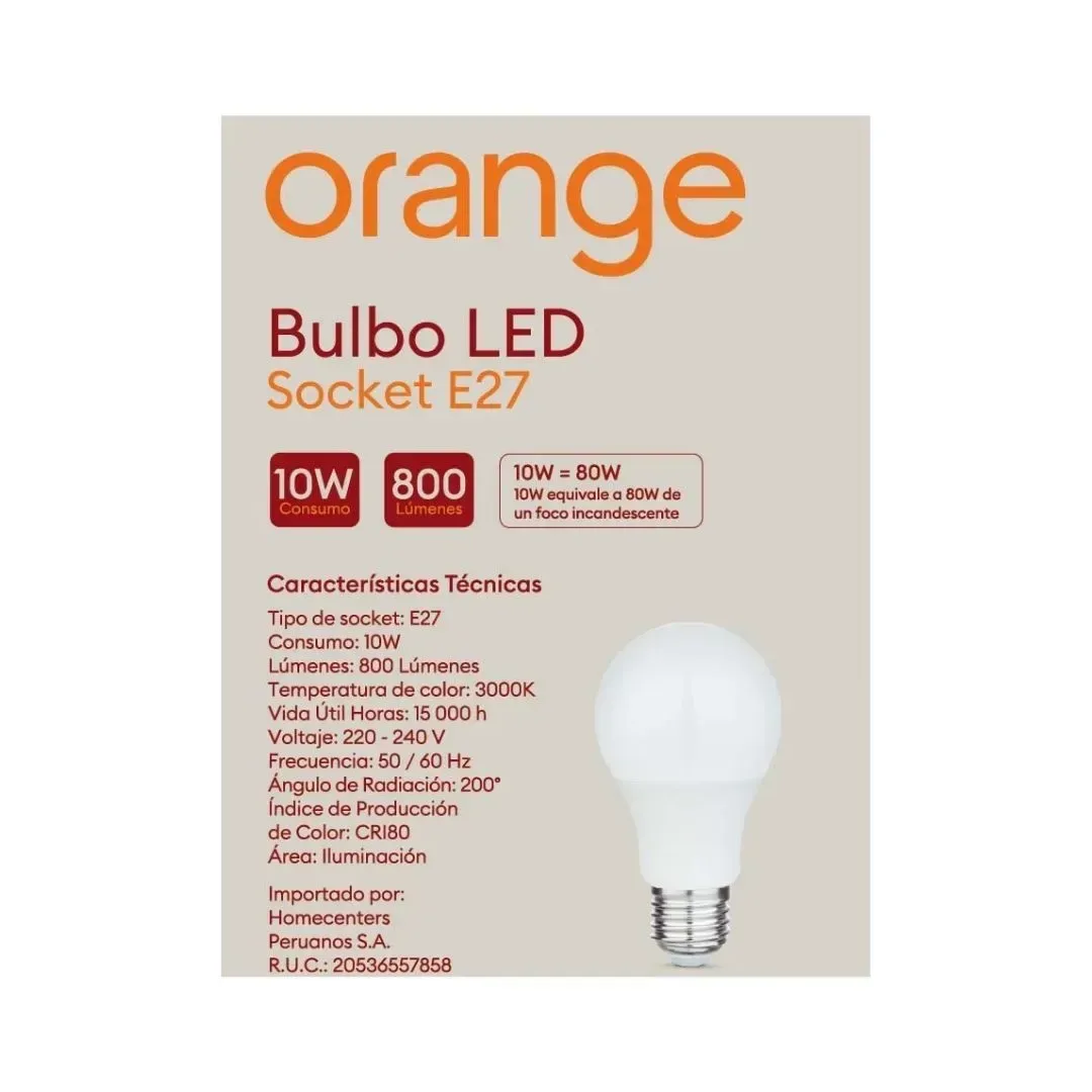 FOCO LED BULBO 10.2W E27 LUZ CALIDA EFICIENCIA ENERGÉTICA B ORANGE5