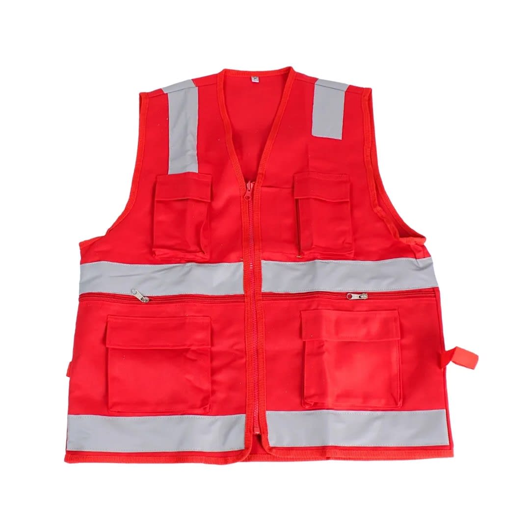 CHALECO MULTIBOLSILLO XL ROJO EN DRILL CON CINTA REFLECTIVA WERKEN