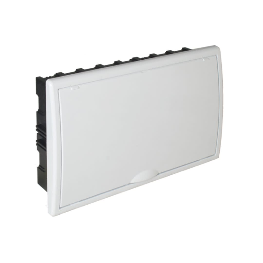 TABLERO EMPOTRADO TERMOPLASTICO. 18P. PUERTA BLANCA VERTICAL. 386X225X72MM (BORNE 106R) SOLERA