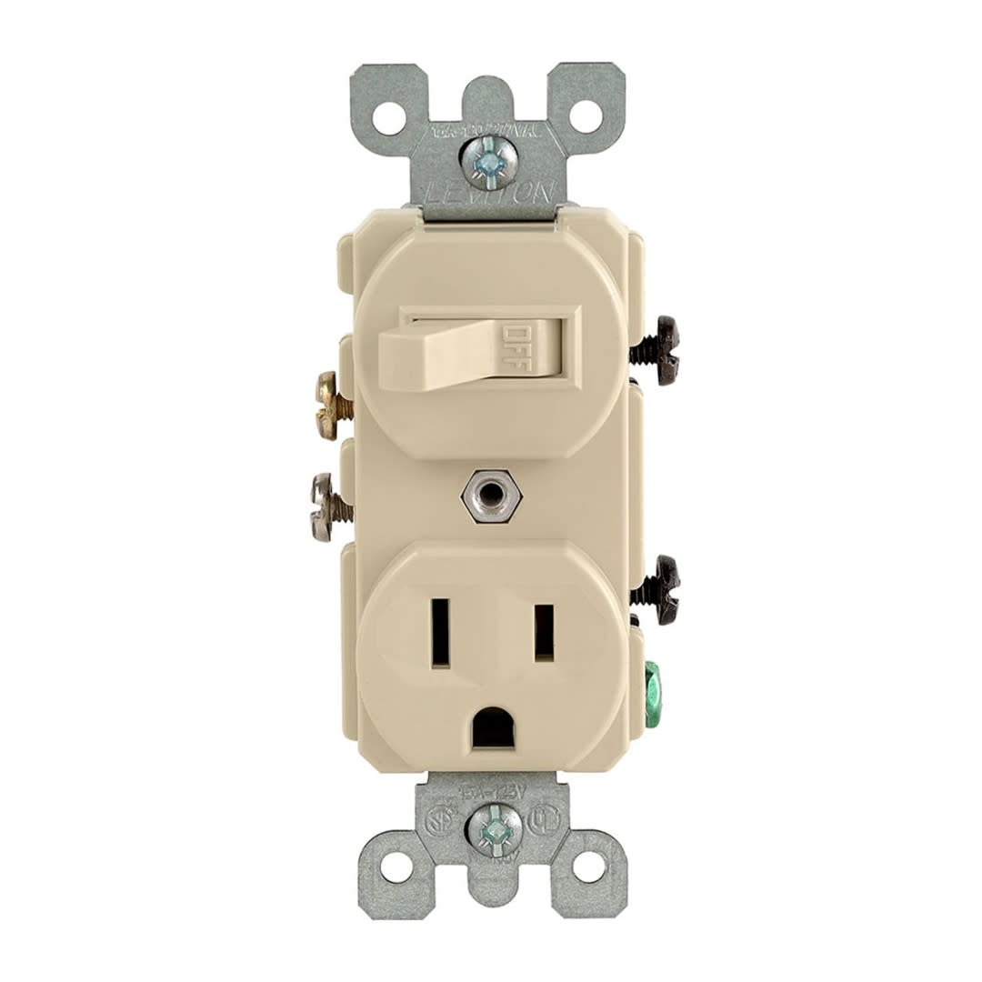 TOMA DOBLE EMPOTRABLE CON INTERRUPTOR DE PALANCA 2X15A L/T 120/125V MARFIL LEVITON1