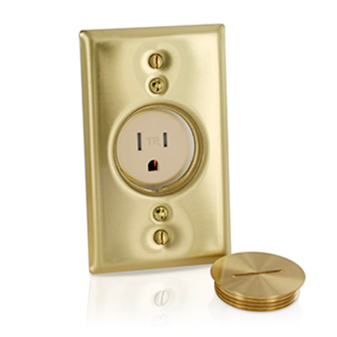 PLACA BRONCE SIMPLE C/TOMACORRIENTE TR. LEVITON