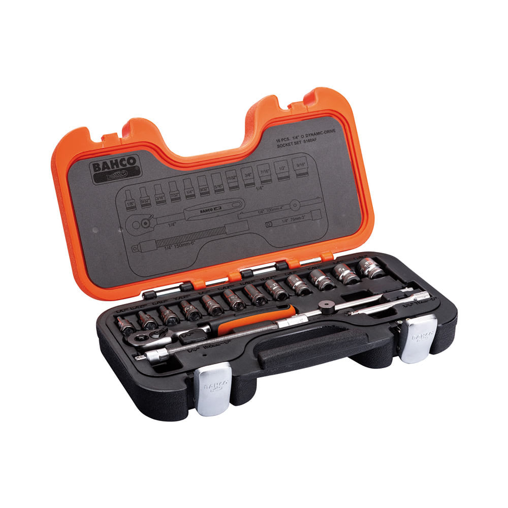 SET DE DADOS Y ACCESORIOS DE ENCASTRE 1/4'' 16P EN ACERO PLATA BAHCO