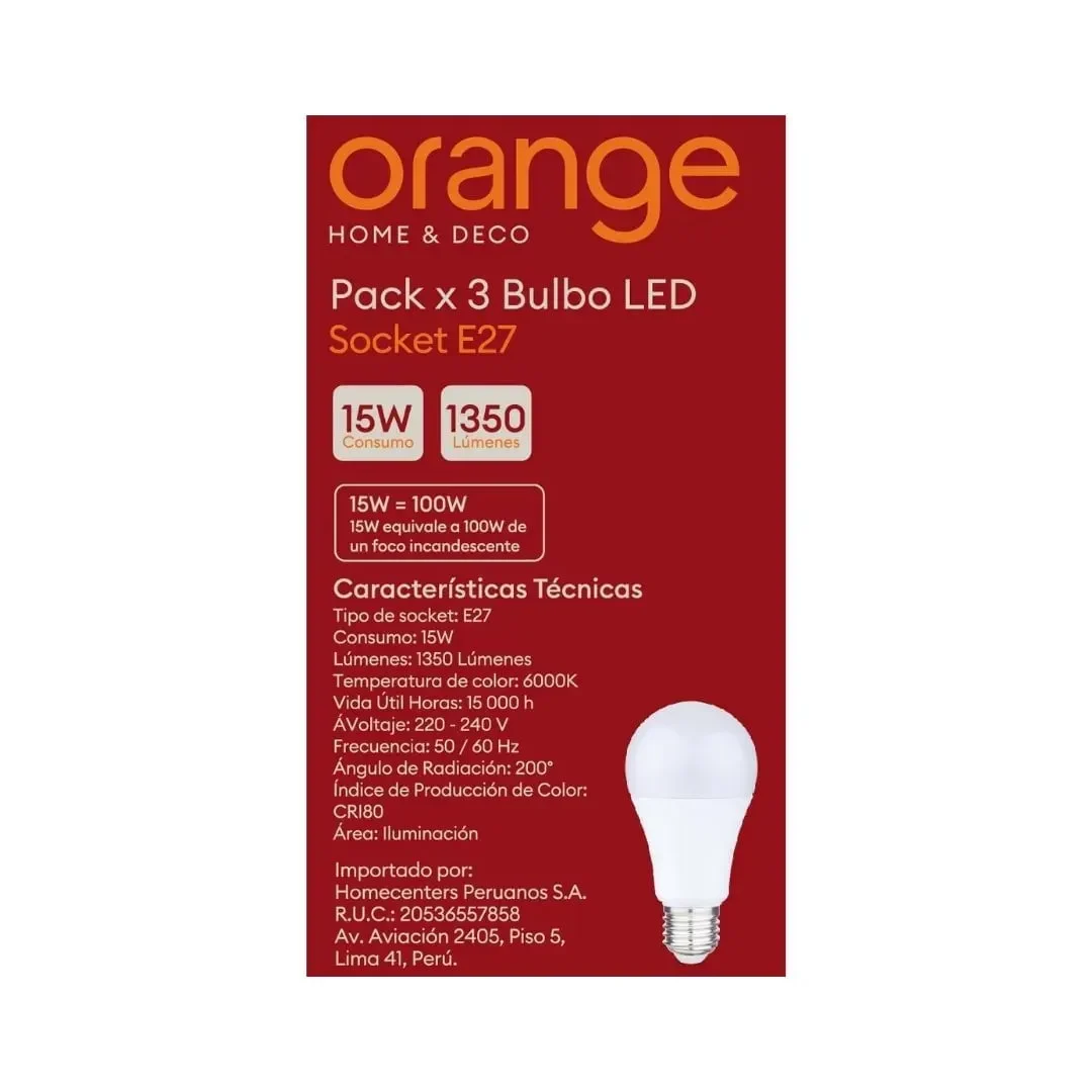 FOCO LED E27 15W LUZ FRIA X 3 UNIDADES ORANGE7