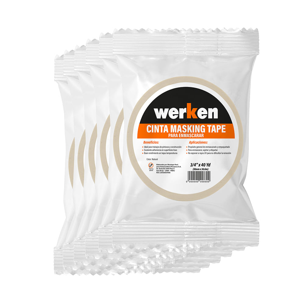 CINTA MASKING TAPE PACK DE 6 ROLLOS DE 36.6M BLANCO WERKEN