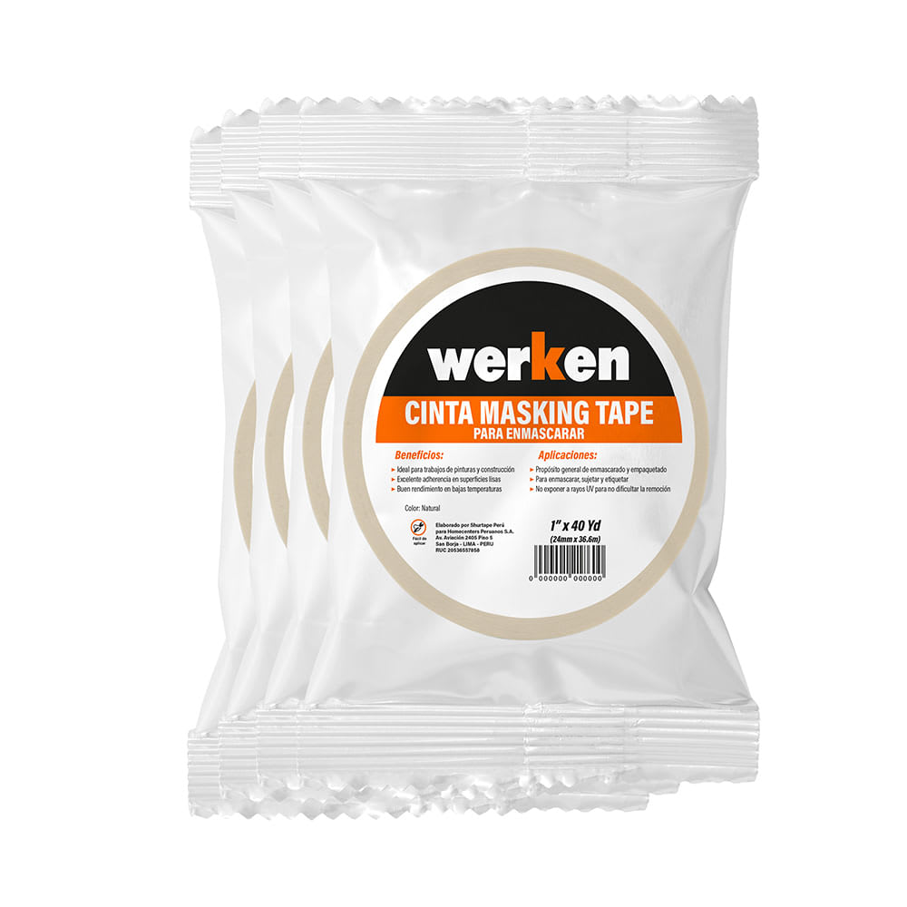 CINTA MASKING TAPE MULTIUSO 4 UNIDADES, CAUCHO TERMOPLASTICO, BLANCO WERKEN