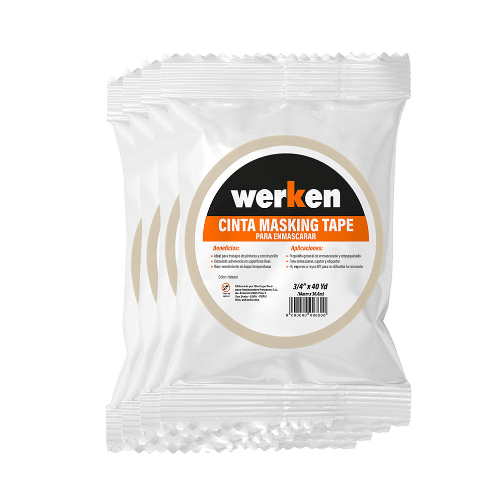 CINTA MASKING TAPE BLANCO 3/4''X40YD PACK DE 4 UNIDADES WERKEN