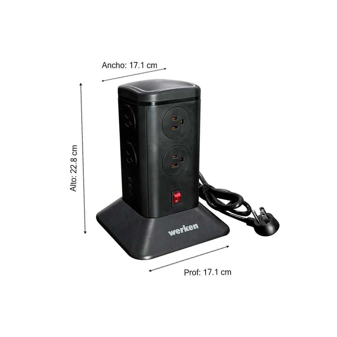 TORRE SUPRESOR DE PICOS 8 TOMAS 6 USB NEGRA WERKEN1